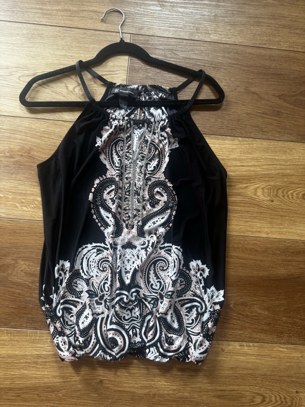 INC International Concepts Black Paisley Halter Camisole with Silver Accents